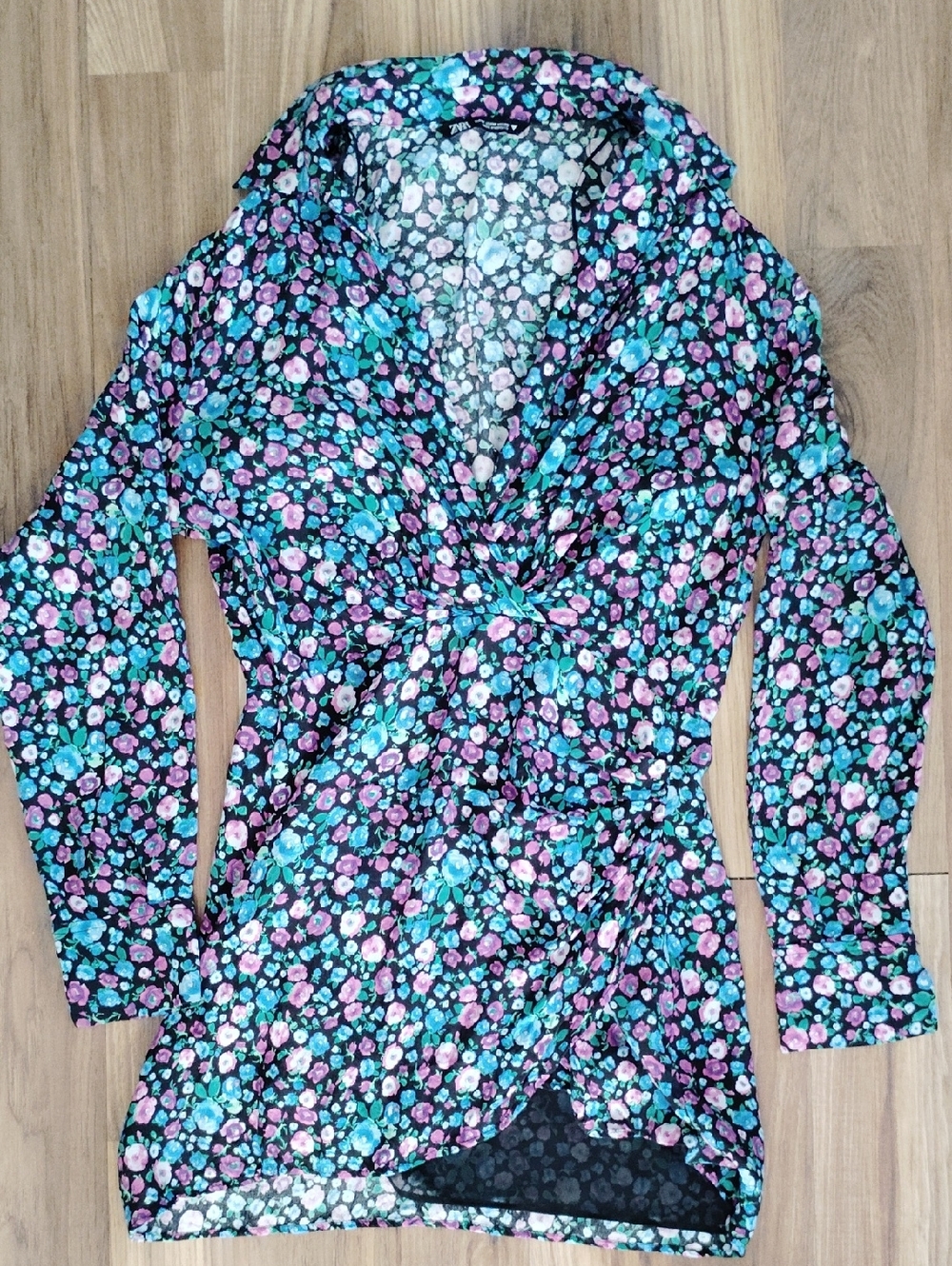 Zara Deep Neck Floral Top with Pink, Teal & Lilac Blossoms